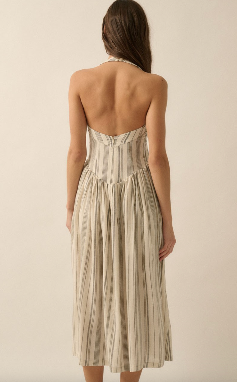 Along the Way Pinstripe Drop-Waist Midi Dress