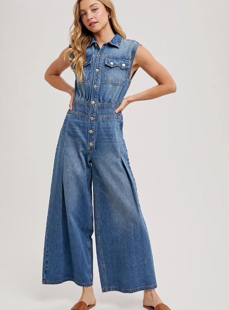 Denim Sleeveless Shirt Jumpsuit