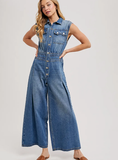 Denim Sleeveless Shirt Jumpsuit