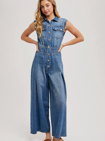 Denim Sleeveless Shirt Jumpsuit