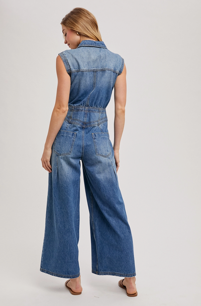 Denim Sleeveless Shirt Jumpsuit