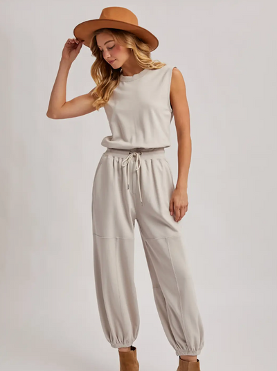Drawstring Waist Sleeveless Knit Active Jumpsuit