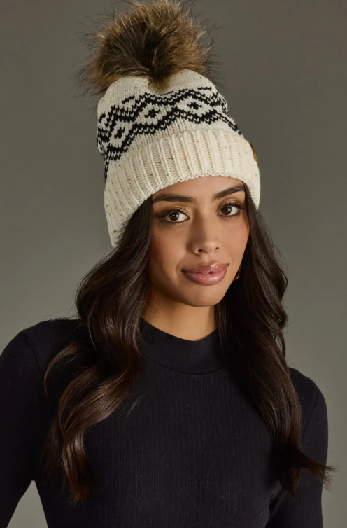 Apline Beanie _ Cream & Speckled Pattern Pom Hat