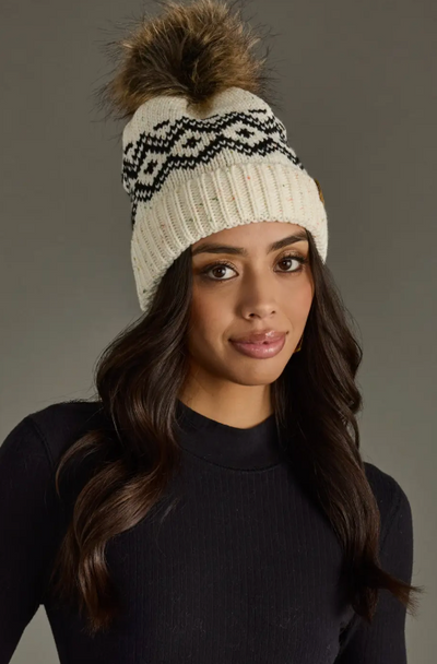Apline Beanie _ Cream & Speckled Pattern Pom Hat