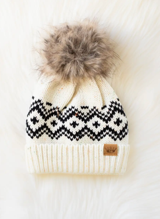 Apline Beanie _ Cream & Speckled Pattern Pom Hat