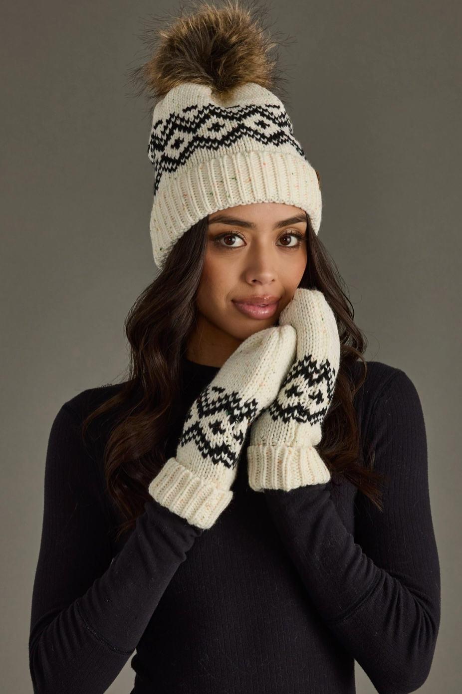 Alpine Mittens - Cream & Speckled Patterned Mittens
