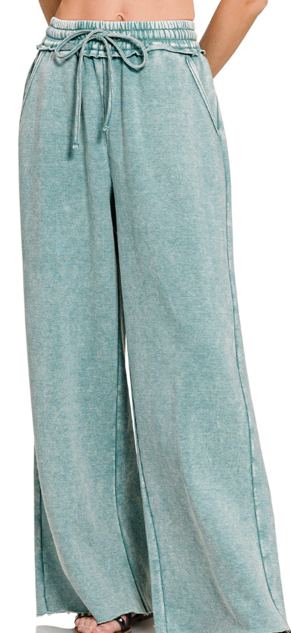 Acid Wash Fleece Palazzo Sweatpants With Pockets
