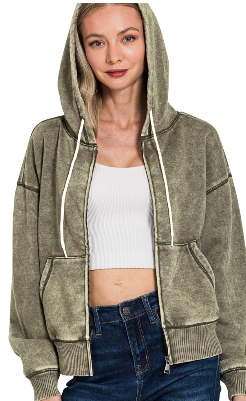 Acid Wash Fleece Cropped Zip-up Hoodie W Pockets