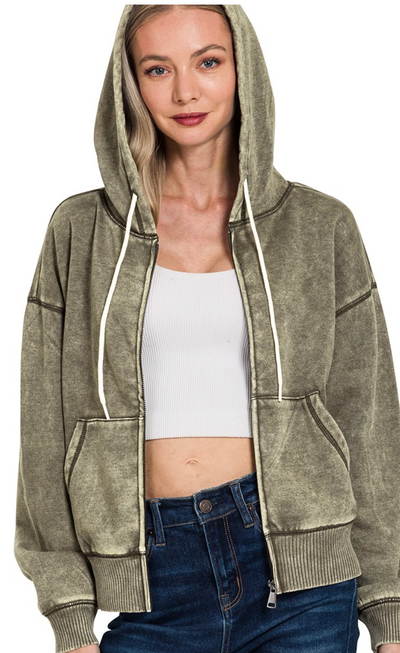 Acid Wash Fleece Cropped Zip-up Hoodie W Pockets