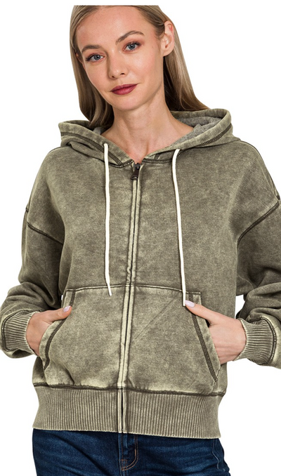 Acid Wash Fleece Cropped Zip-up Hoodie W Pockets