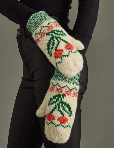 Alpine Mittens - Ivory Cherry Pattern