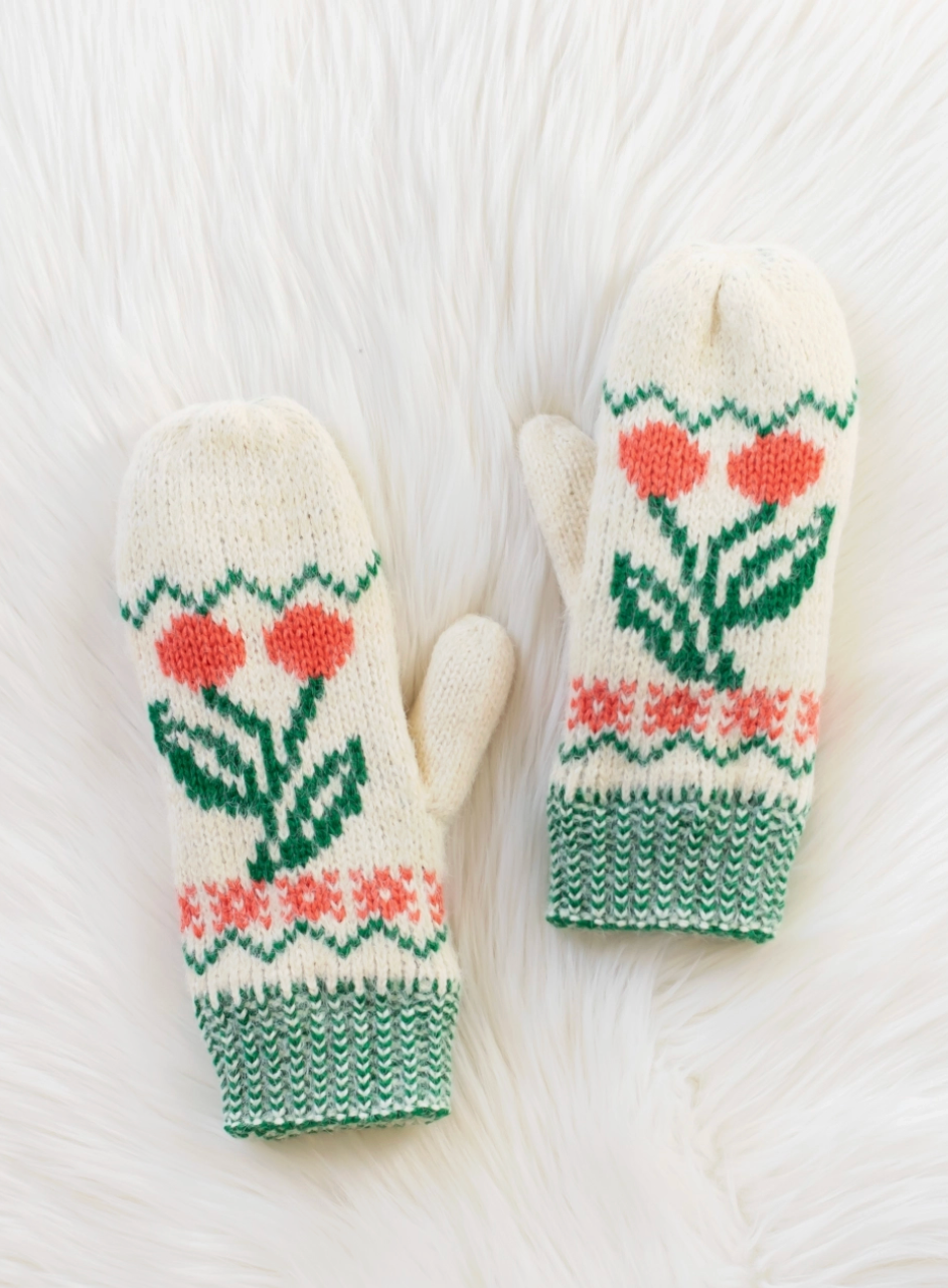 Alpine Mittens - Ivory Cherry Pattern
