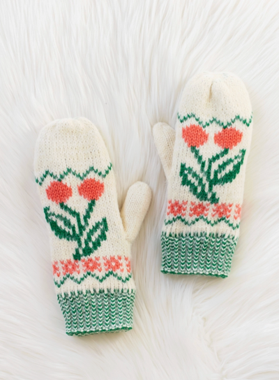 Alpine Mittens - Ivory Cherry Pattern