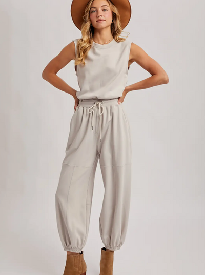 Drawstring Waist Sleeveless Knit Active Jumpsuit