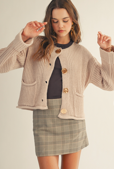 Luxe Vintage Gold Button Front Pocket Cardigan