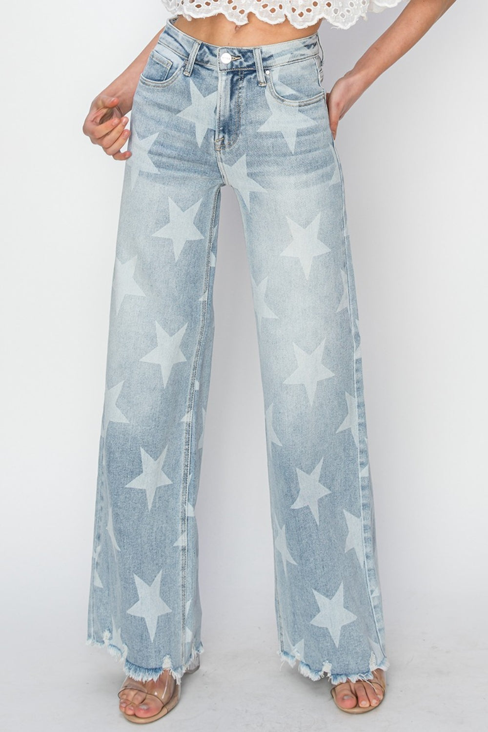 RISEN Full Size Raw Hem Star Wide Leg Jeans