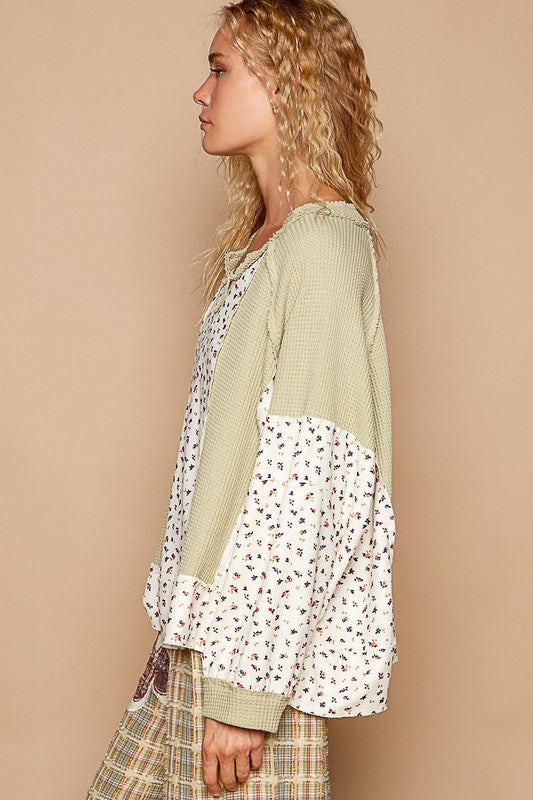 POL Waffle Knit Floral Notched Long Sleeve Top