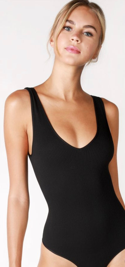 Ribbed V Neck Bodysuit  in Black