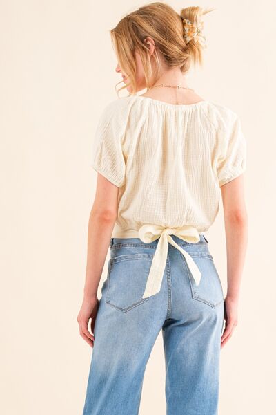 And The Why Cotton Gauze Back Waist Tie Cropped Blouse