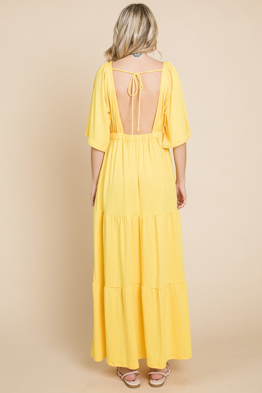 Backless Plunge Half Sleeve Tiered Dress LEMONADE / M Backless Plunge Half Sleeve Tiered Dress LEMONADE / M